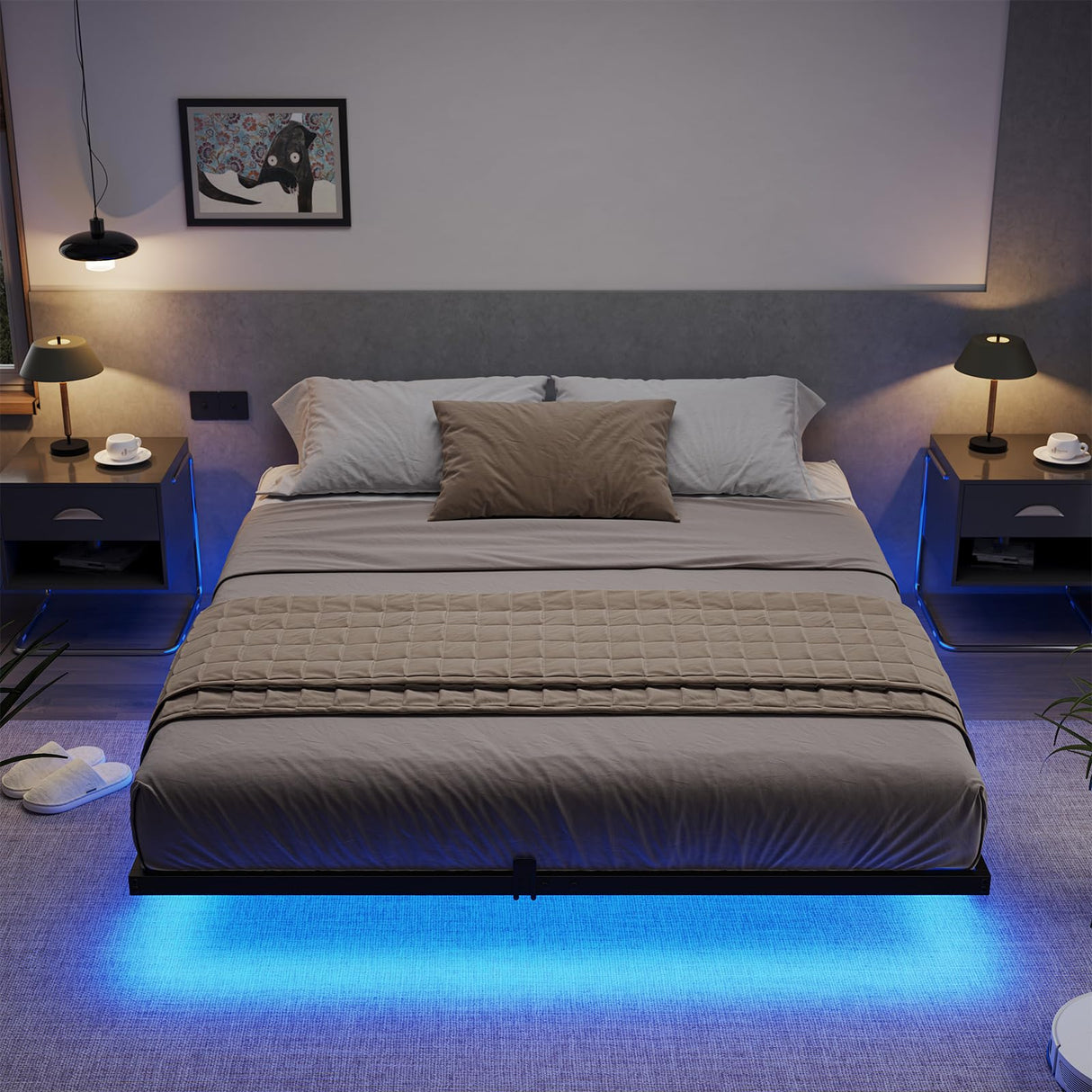 DICTAC Floating Full Bed Frame with LED Lights - Modern Metal Platform Design in Black DICTAC