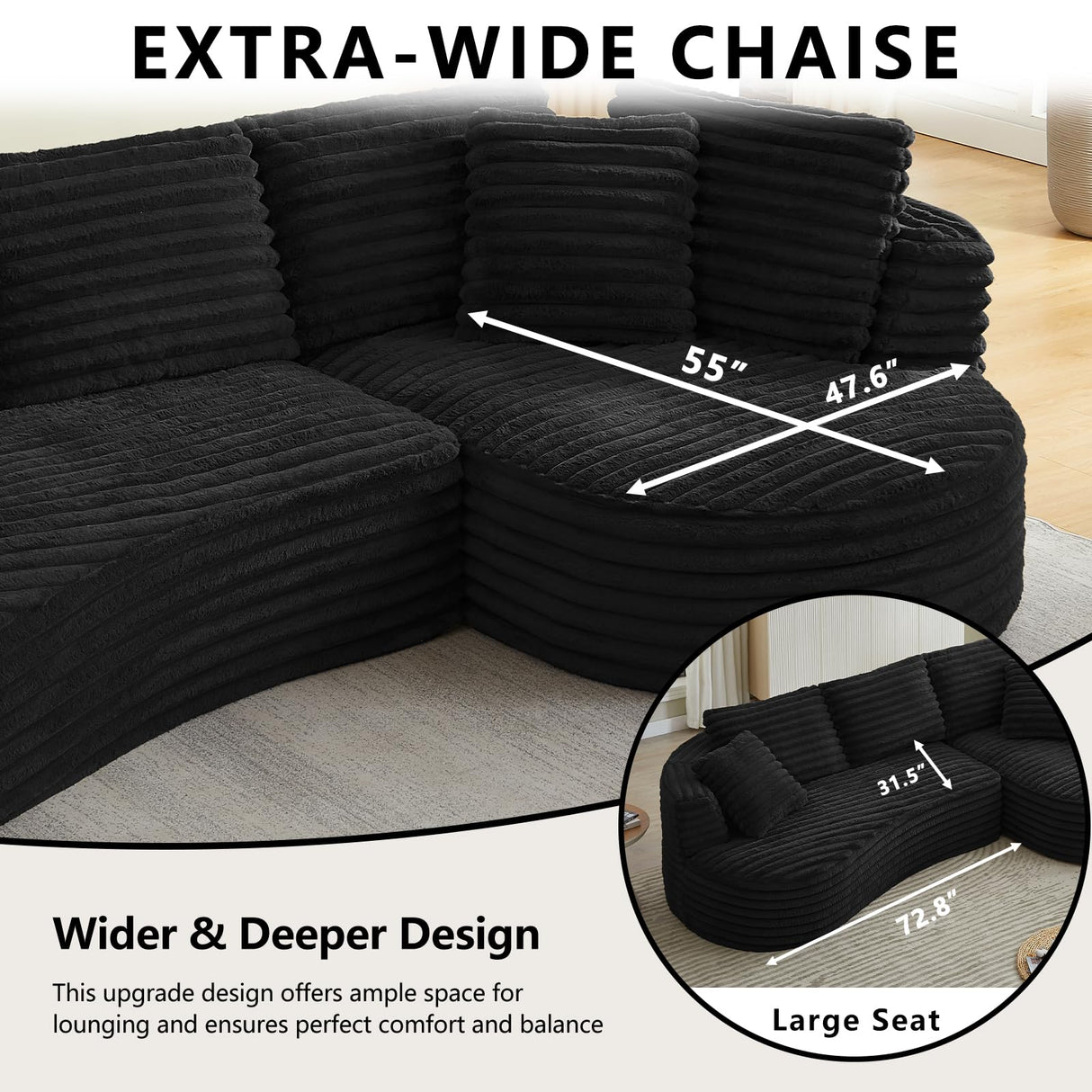 Tabaray 120.9'' Minimalist Curved Sofa, Boneless Modular Sectional Sofa, Cloud Corduroy L-Shaped Couch with Right Chaise, Modern Floor Couches for Living Room, Apartment, No Assembly Required, Black Tabaray