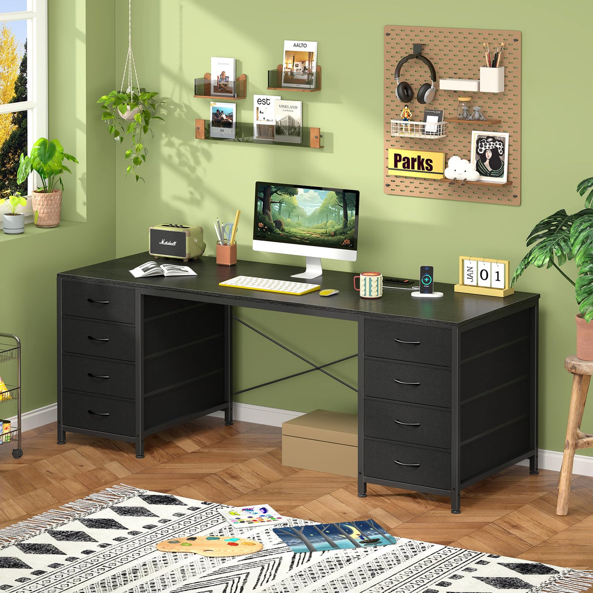 YOMILUVE 60 Inch Computer Desk with 8 Drawers, Home Office Desk with Power Outlets, Work Study Gaming Desk with 8 Fabric Drawers, Black YOMILUVE