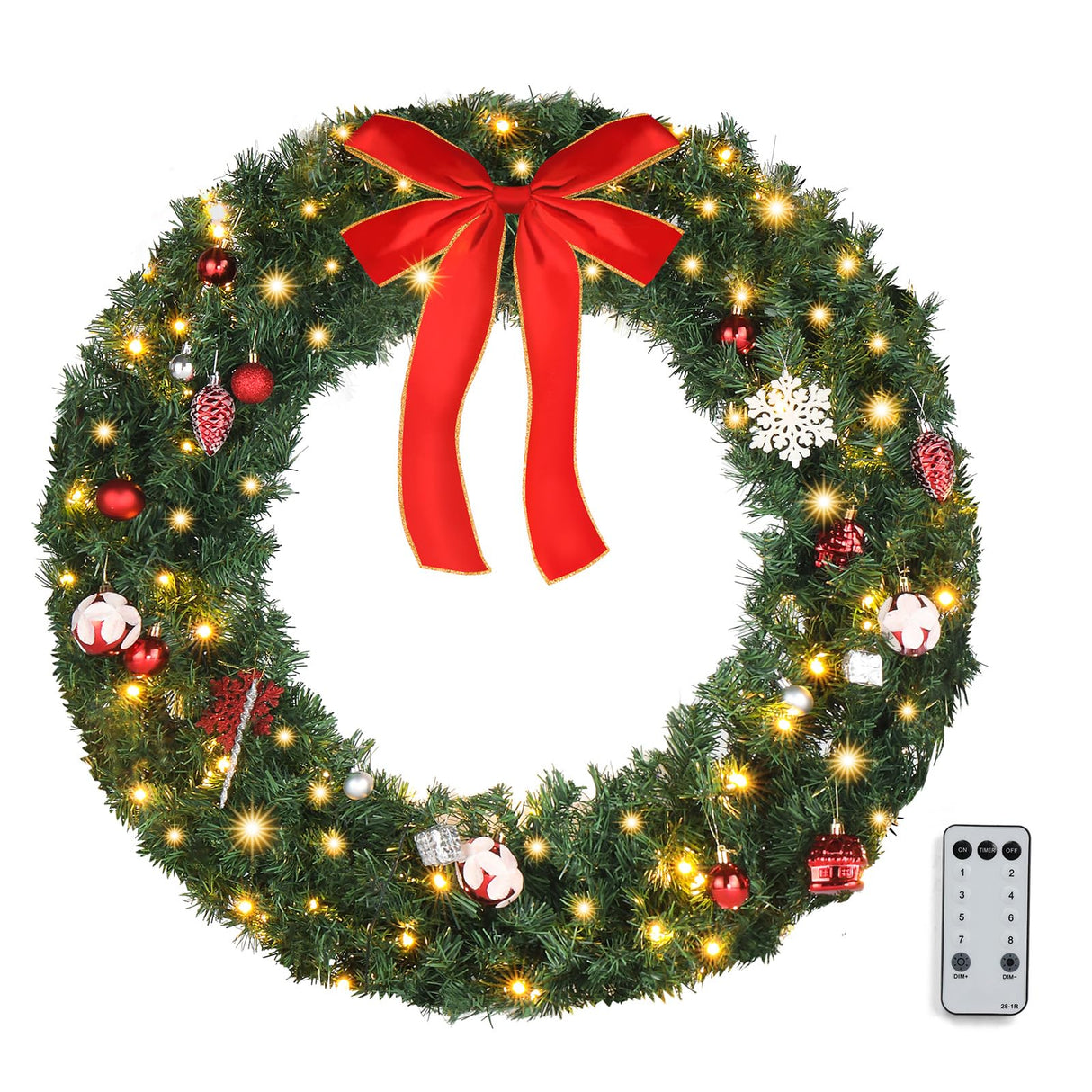 VINGLI 36 Inch Christmas Door Wreath Decorations with 100 Lights and 300 PVC Branches, Pre-lit Artificial Christmas Wreath for Front Door, Xmas Wreath w/Bow, Pine Cones, Ornaments (Plug-in) VINGLI