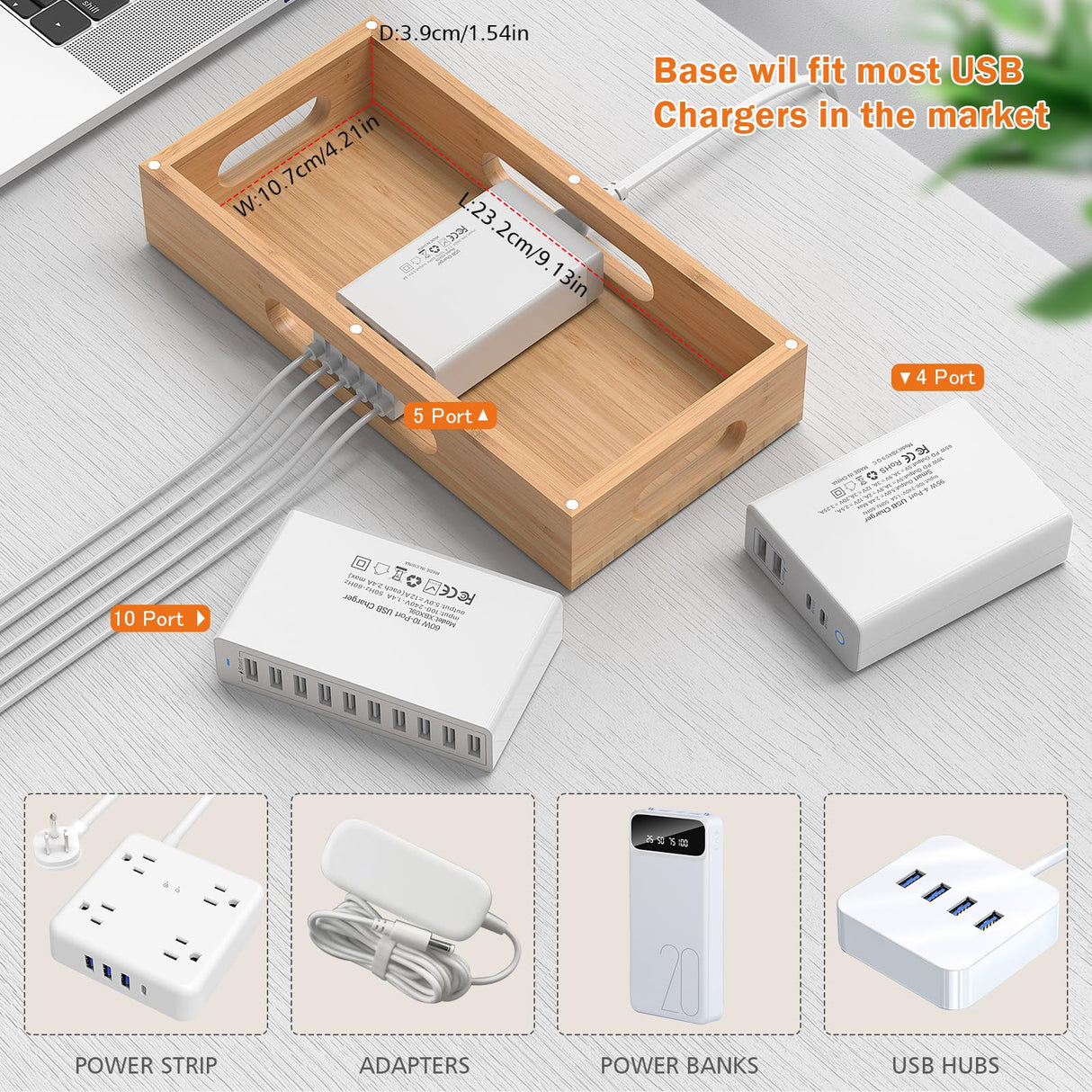 Pezin & Hulin Bamboo Charging Station Holder with 5 Port USB Charger, 5 x Charge Cables, Watch Stand, Wood Docking Stand Electronic Organizer for Multiple Devices, Phones, Tablets and More Pezin & Hulin