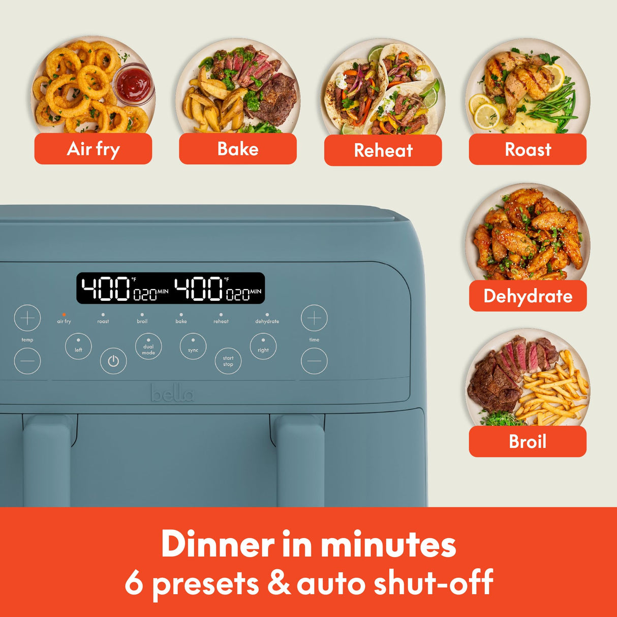 bella 4 Qt TriZone Air Fryer, EverGood™ Ceramic Nonstick Coating, Dual Basket Design w Removable Divider, Digital Touchscreen Control w 6 Preset Cooking Options, 1200 Watt, 3lb Capacity, Surf BELLA