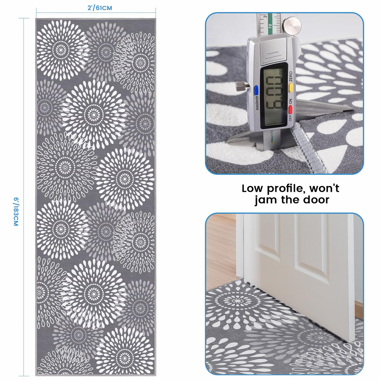 StepRite Runner Rug 2 x 6 ft, Washable Rugs, Hallway Runner Rugs, Kitchen Runner Rug Non Slip, Soft Runner with Rubber Backing for Kitchen, Hallway, Laundry, Bedroom, Living Room(Grey) StepRite