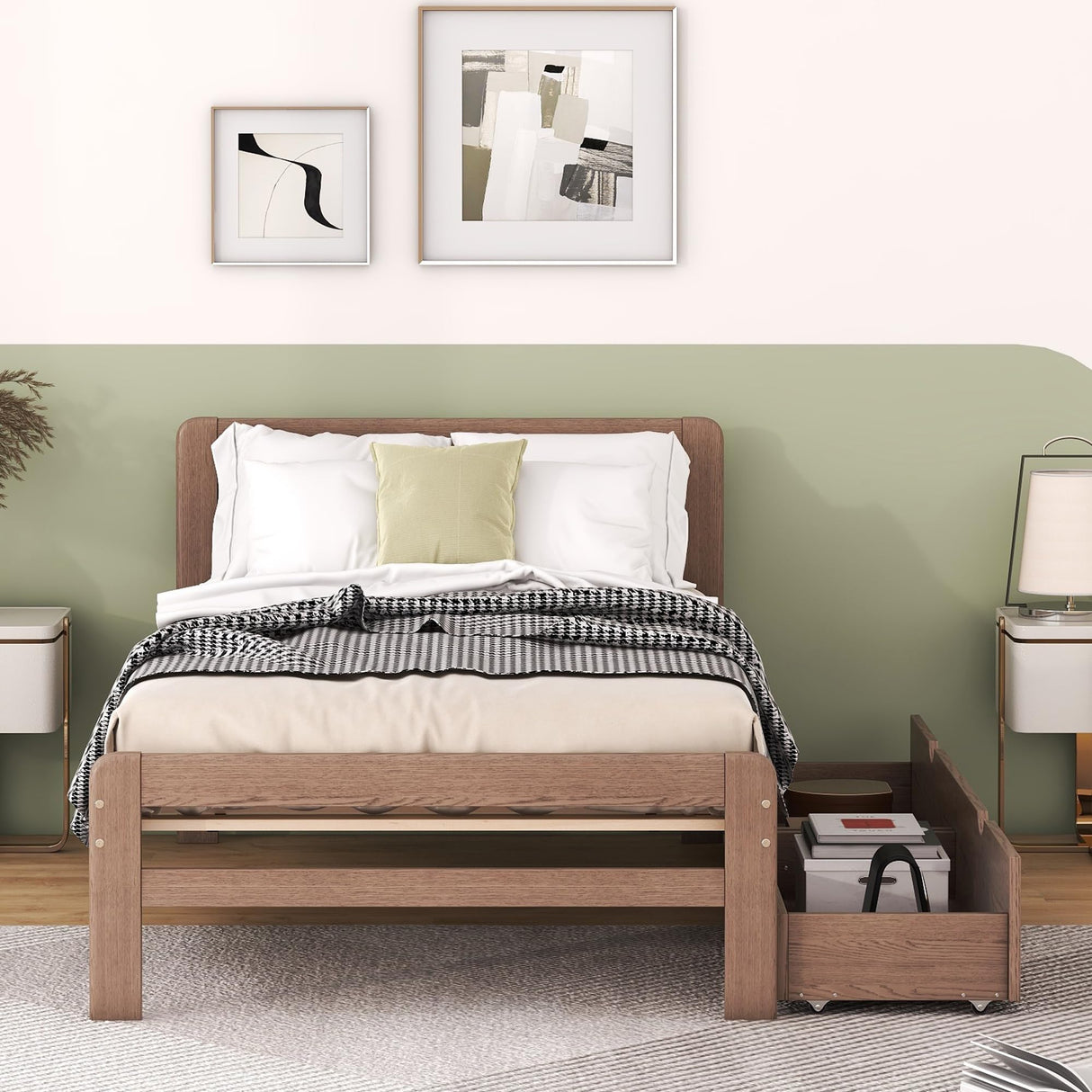 Twin Size Bed Frame with Storage Drawers,Solid Wood Platform Bed with Headboard,Twin Bed Frames for Kids,Teens,Adults,No Spring Needed,Walnut Bellemave