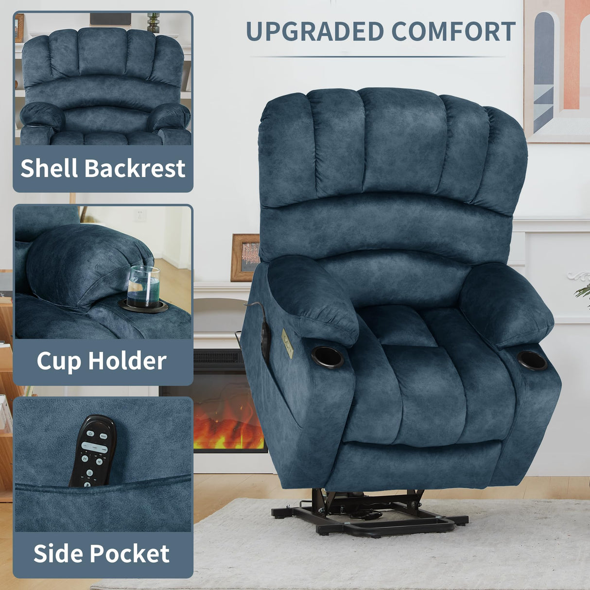 DURASPACE Power Lift Recliner Electric Lift Massage Recliner Chairs with Heat, Large Shell Velvet Backrest Lift Chair Recliners for Elderly, Seniors (Blue) DURASPACE