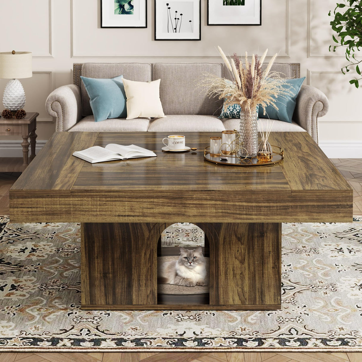 Tribesigns 35" Square Coffee Table, Farmhouse Center Table with 2-Tier Storage, Rustic Wood Cocktail Table Perfect for Living Room, Reception Room, Brown Tribesigns