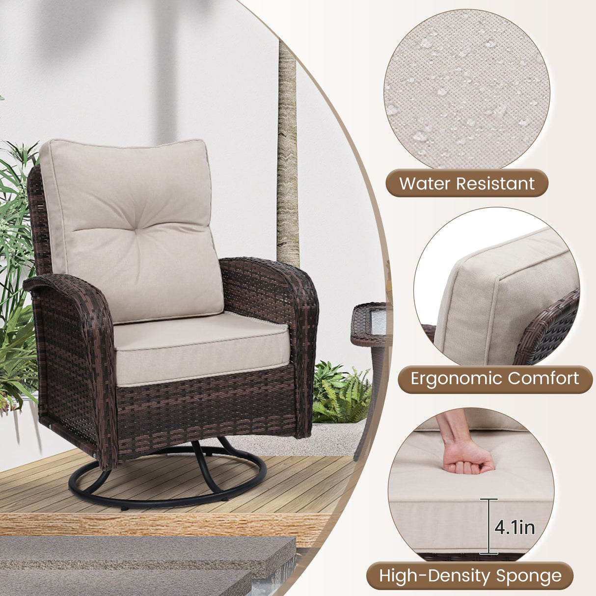 wildformers 2 Luxury Outdoor Swivel Wicker Glider Patio Chairs with Table Set, Overstuffed Washable Cushions, Ideal for Porch, Balcony, Deck, Brown Rattan and Beige Cushions wildformers