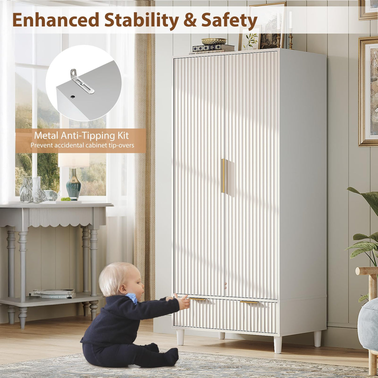 VINGLI Fluted Wardrobe Closet Armoire with Doors And Drawers, White Wardrobe Cabinet with Hanging Rack, Bedroom Closet Wood, Free Standing Armoire with Shelf and Solid Wood Legs, 31.5"W*19.7"D*69.3"H VINGLI