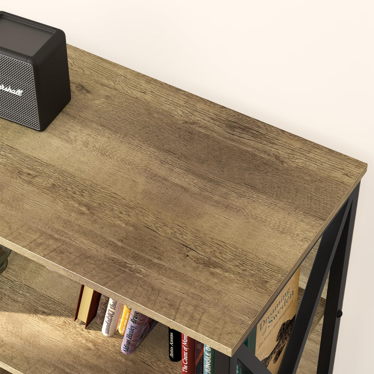 Horizontal Bookshelf,Industrial Modern 5 Cube Low Wide Cubby Bookcase,Long Wood and Metal Storage Organizer Open Shelf, Short Book Shelf Bedroom Storage for Home Office Living Room(Rustic Oak,5 Cube) Adompacat