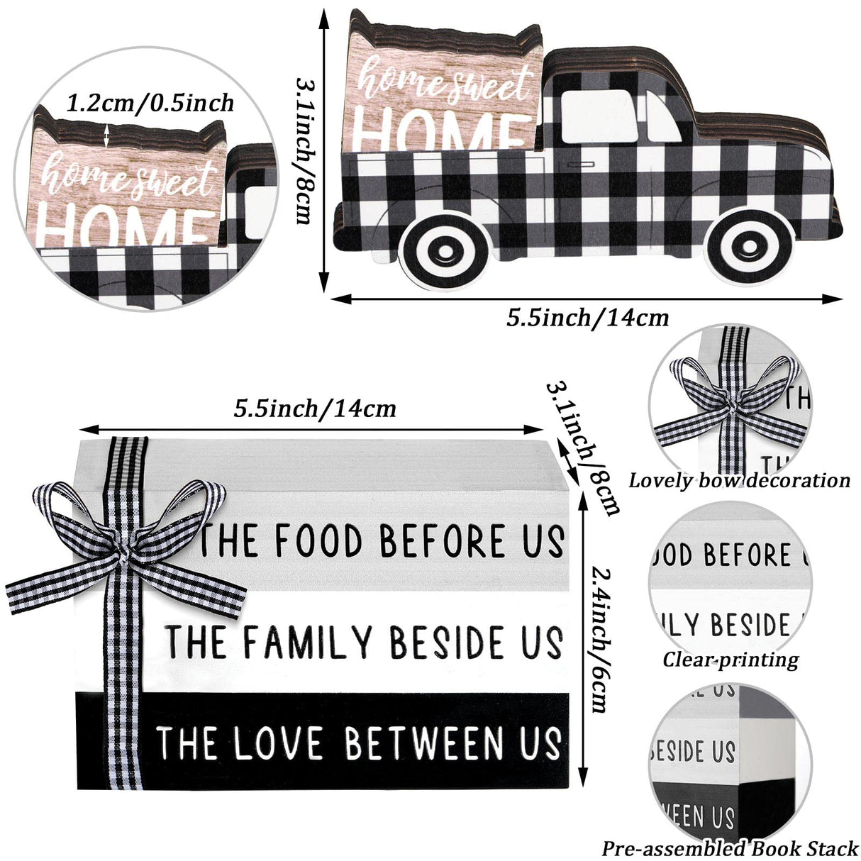 Jetec 4 Pcs Farmhouse Wooden Tabletop Decor Farmhouse Rustic Tiered Tray Decor Home Sweet Home Centerpiece Black and White Truck Buffalo Plaid Tabletop Sign for Kitchen Shelf Desk Decoration Jetec