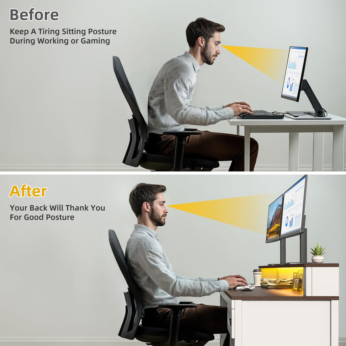 DWVO Farmhouse Office Desk with Drawer & Power Outlets, Wood Computer Desk w/LED Strip & Monitor Stand for Bedchamber Study, Home Office Table with Storage Cabinet for Working Writing Gaming (White) DWVO