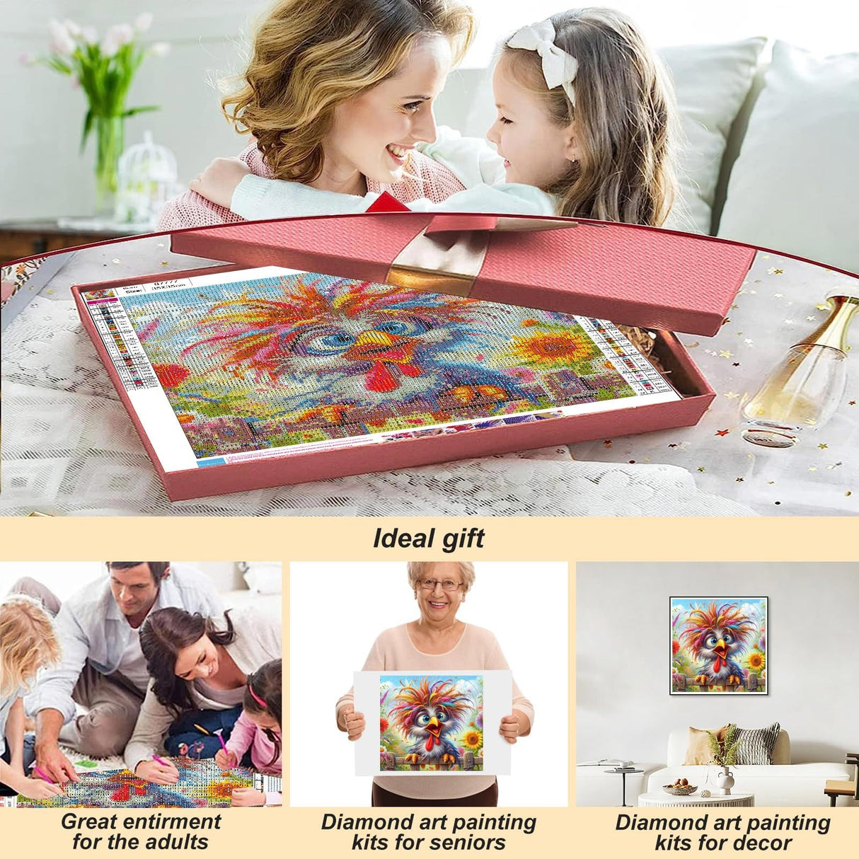 askkqtx Chicken Diamond Art Kits for Adults, Flowers Diamond Painting Kits for Beginners, DIY 5D Full Drill Crystal Rhinestone Funny Gem Art Craft Home Decor 14x14 Inch askkqtx