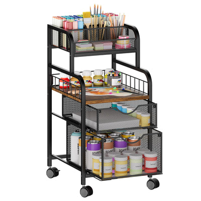 SWTYMIKI Rolling Cart with Drawers - Metal Utility Cart with Wood Shelf, DIY Divider and Locking Wheels, Craft & Art Cart Organizer for Under Desk Storage for Home Office Studio, Black