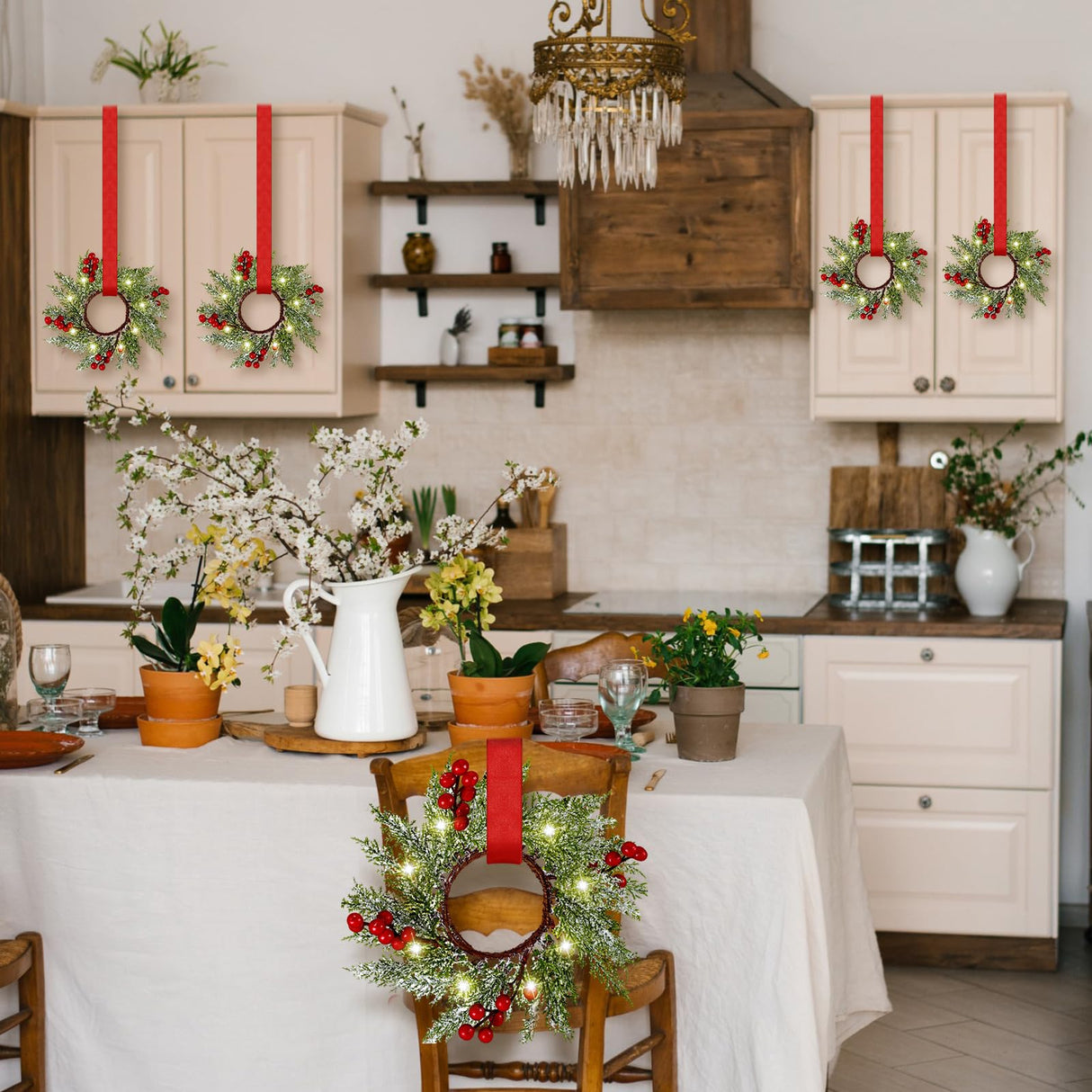 Xinnun 8 Pcs Christmas Kitchen Cabinet Wreaths with LED Lights and Red Ribbons 3.15 Inch Lighted Christmas Door Wreath Artificial Greenery Wreath with Red Berry Small Xmas Wreath for Wall Porch Window Xinnun