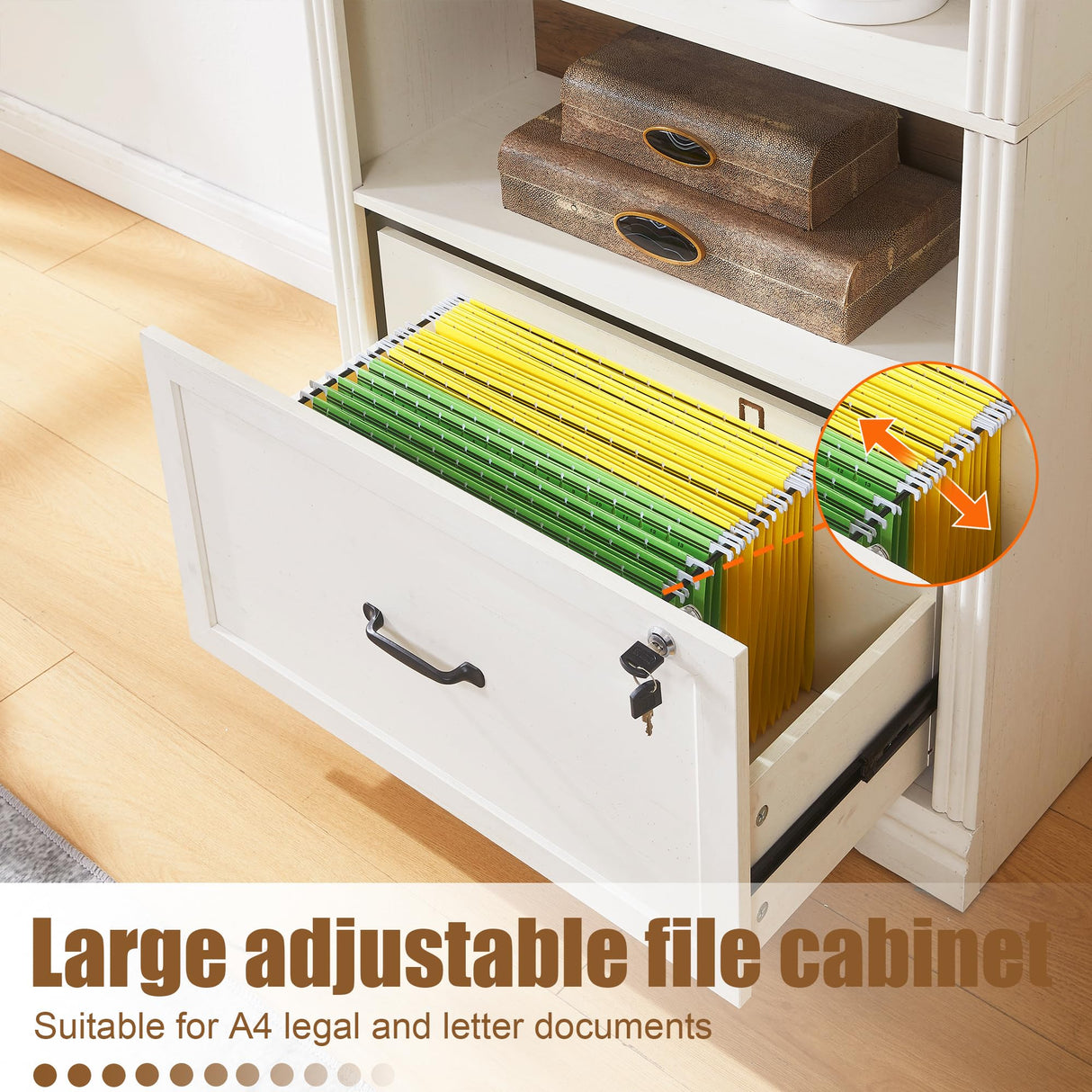 5 Tiers Farmhouse Arch Bookshelf with Lockable Drawers,70”Tall Bookshelf with Adjustable File Cabinet,Vintage Arch Bookcase for Home Office (White) LayBurst