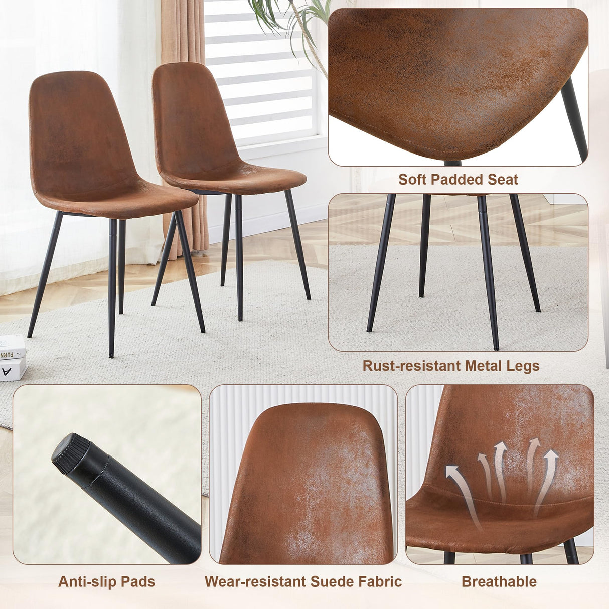 LFVFFA Round Dining Table Set for 4, 48 Inches Kitchen Table with 4 Brown Chairs, Tempered Glass Tabletop with Wood Pedestal Base, 5 Pieces Dinner Table Set for Living Room Apartment LFVFFA