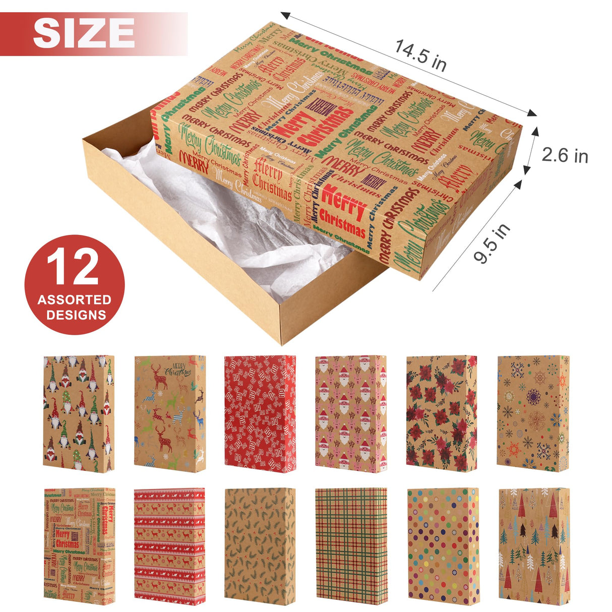 Giiffu 14.5" Medium Kraft Gift Boxes with Lids, 12 Pack Christmas Shirt Boxes with 12 Holiday Designs – Includes Tissue Paper & Stickers Giiffu