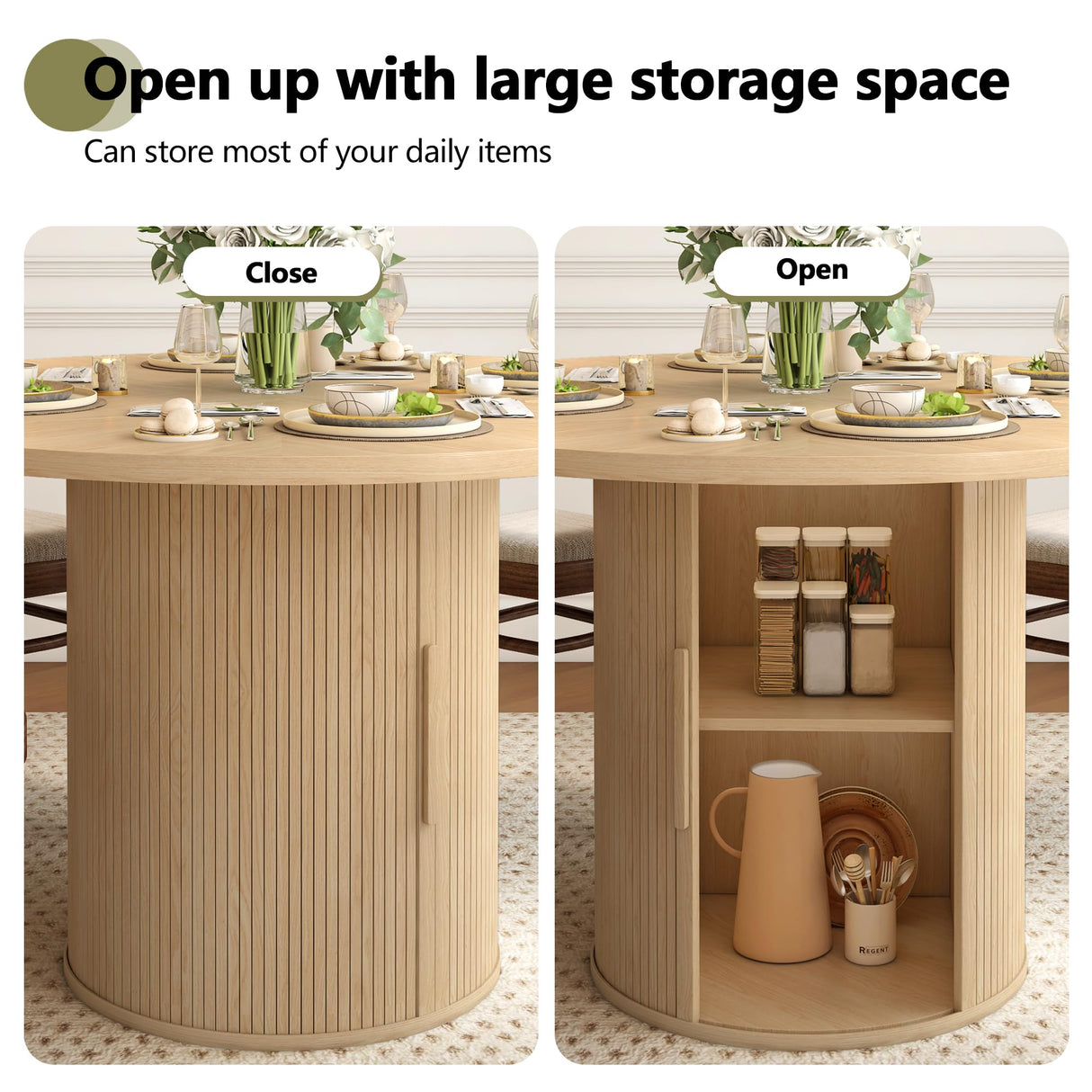 weselon 47 inch Round Dining Table for 4, Kitchen Table Dinner Table with 2-Layer Storage Shelf and Wood Slide Door for Home Dining Room Living Room (Natural) weselon