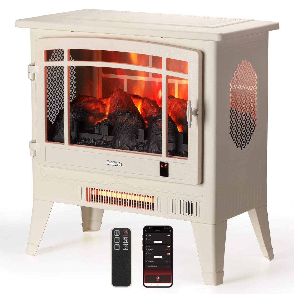 TURBRO Suburbs 25" WiFi Electric Fireplace Infrared Heater with Crackling Sound, Freestanding Fireplace Stove with Adjustable Flame Effects, Overheating Protection, Timer, Remote Control 1400W, Ivory TURBRO