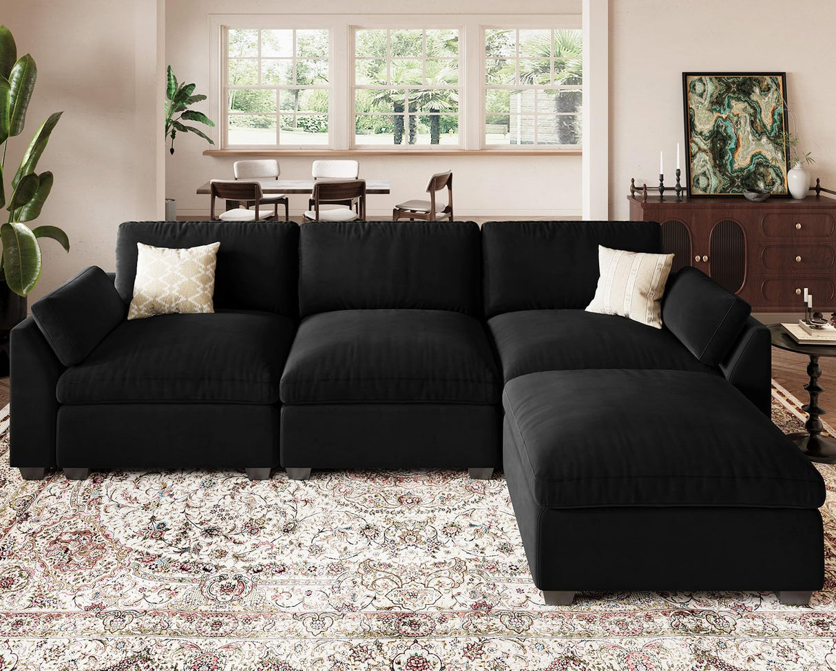 Belffin Extra Large Modular Sectional Sofa,106.3" 4-Seater L Shaped Couch,Velvet Convertible Sectional Couches for Living Room,Comfy Upholstered Modern Cloud Couch,Black Sofa Belffin