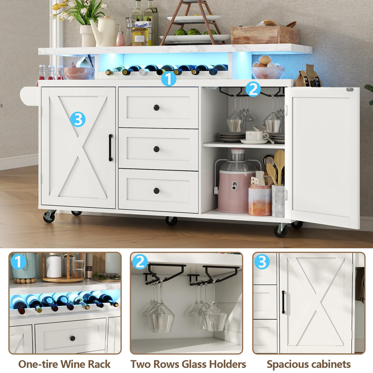 Kitchen Island with Storage, 55" Kitchen Island on Wheels with LED Lights & 3 Drawers,Rolling Kitchen Cart with Spice Rack & Towel Rack, Large Mobile Islands Table for Kitchen, White Gyfimoie