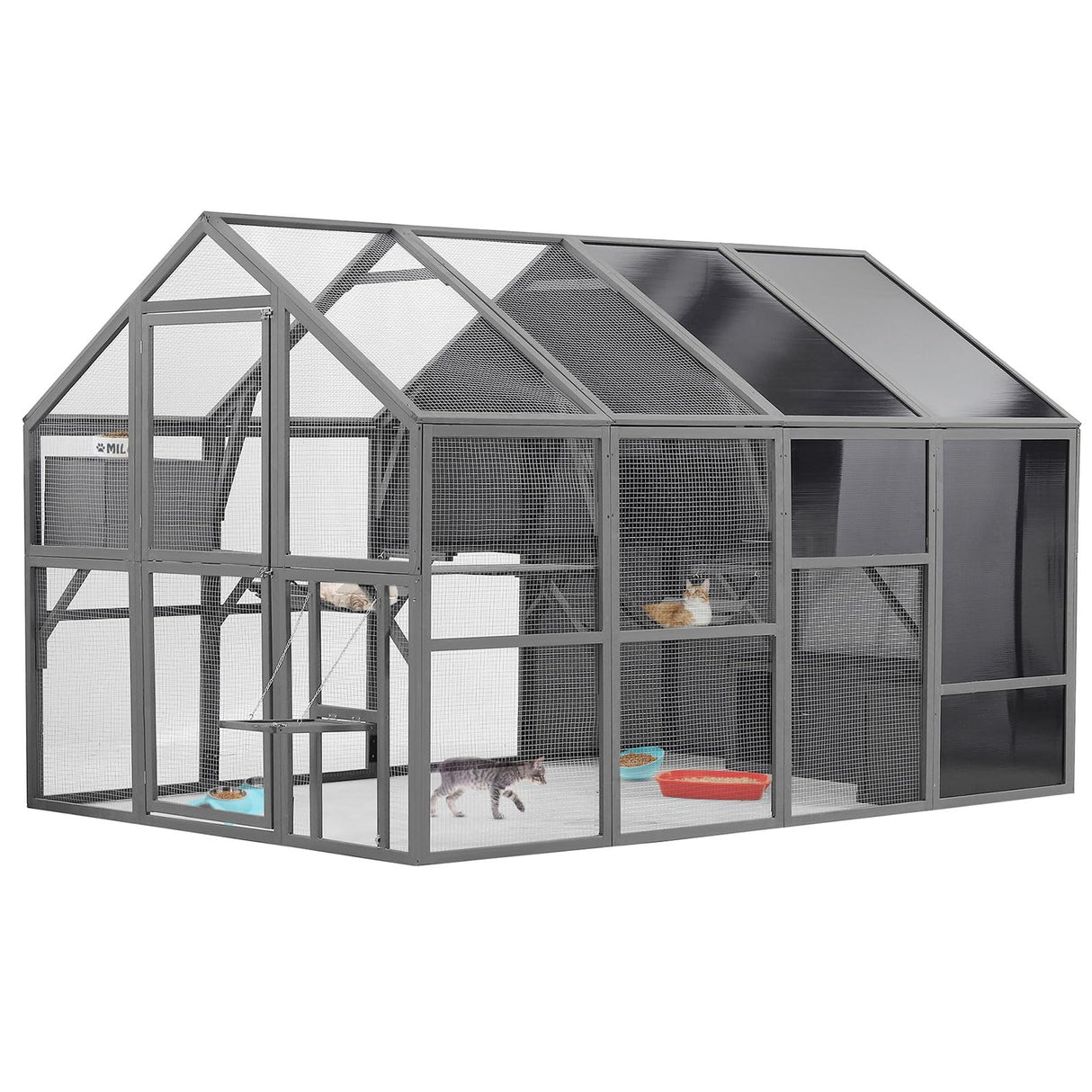 YOFE Luxury Cat Cage Outdoor Wooden Catio Enclosure Patio Large Cat Run House for Multiple Pets Walk in Kitten Kennel with Bouncy Bridge, Platforms, Seating and Sunshine Panel(108 Inch) YOFE