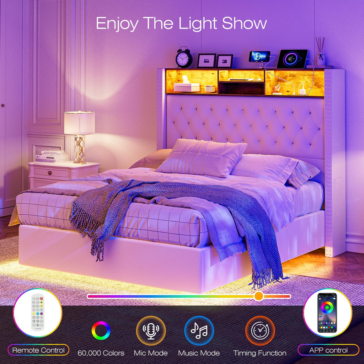 Floating Queen Size Bed Frame with Velvet Upholstery, Storage Headboard & LED Lights by CIKUNASI CIKUNASI