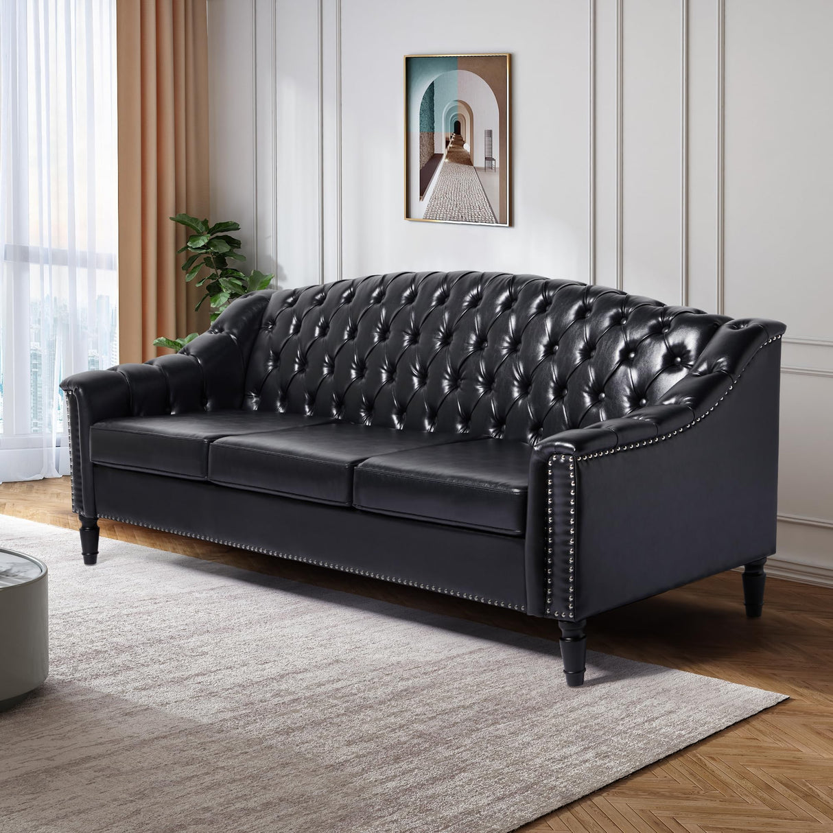 Chesterfield 3-Steater Sofa, 80" Comfy Leather Sofas Couch with Camelback for Living Room, Mid Century Modern 3 Deep Seats Couch for Apartment Bedroom, Office (PU-3-Steater Sofa, Black) SUJOUCRAFT