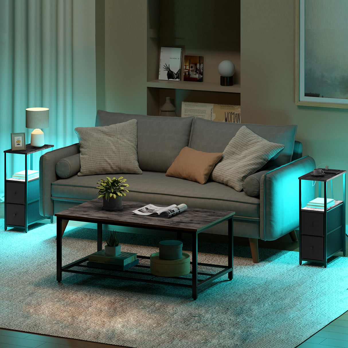 TUTOTAK Small Narrow LED End Table with Charging Station, Side Table Outlets, Nightstand with 2 Cloth Drawers, Set of 2, Couch Table, for Living Room, Bedroom, Bedside, Charcoal Grey TB01BY056 TUTOTAK