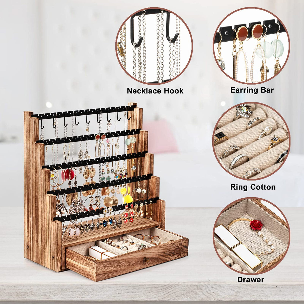 Pinzoveco Earring Organizer, 5 Layer Earring Holder Organizer with Necklace Holder Pole, Rustic Wood Jewelry Organizer Stand Display for Stud Earring Bracelet Necklace Ring, 175 Earring Holes Pinzoveco
