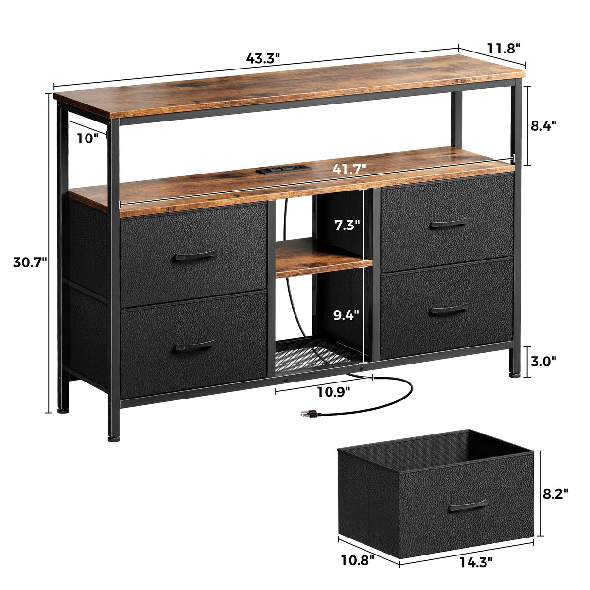 Huuger TV Stand Dresser with Power Outlets and LED Lights, 4 Drawers Entertainment Center with Open Shelf, Media Console for 50 43 Inch TV, Dresser with PU Finish, Rustic Brown and Black Huuger