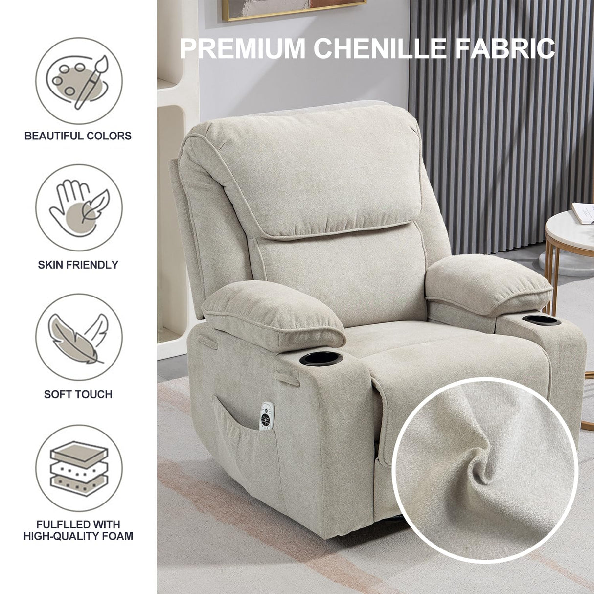 BRTHORY Rocker Recliner Chair with Massage and Heated, 360°Swivel Rocking Manual Recliner Chairs with Cup Holders Remote Control for Living Room (Gray Oatmeal) BRTHORY