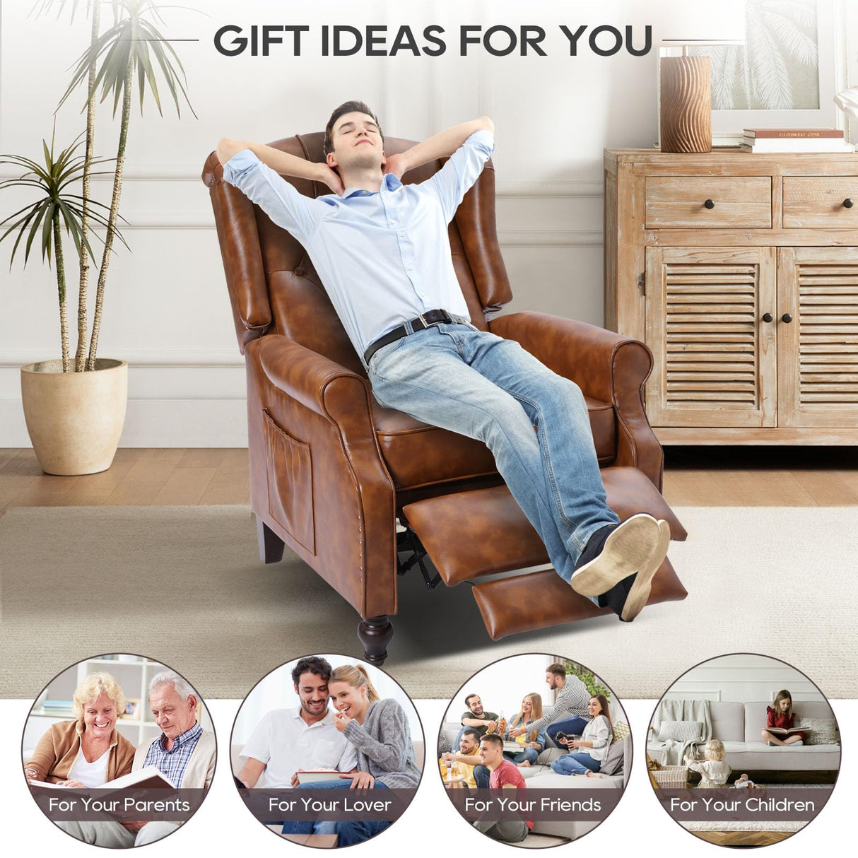 P.H.Furn Wingback Recliner Chair with Massage and Heat, Tufted Back PU Leather Living Room Armchair with Nailhead Trim,Push Back Recliner Chair with Remote Control,Padded Cushion (Tawny Brown) P.H.Furn
