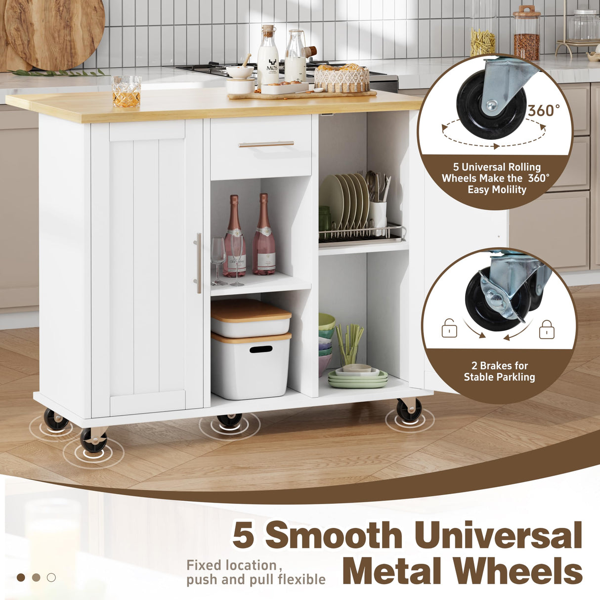 Shintenchi Kitchen Island with Storage, Bar Cart Cabinet Island Table on Wheels, Rolling Microwave Cart for Kitchen with Drop Leaf, Drawers, Towel Rack, Seating Area for Dining Room, White Shintenchi