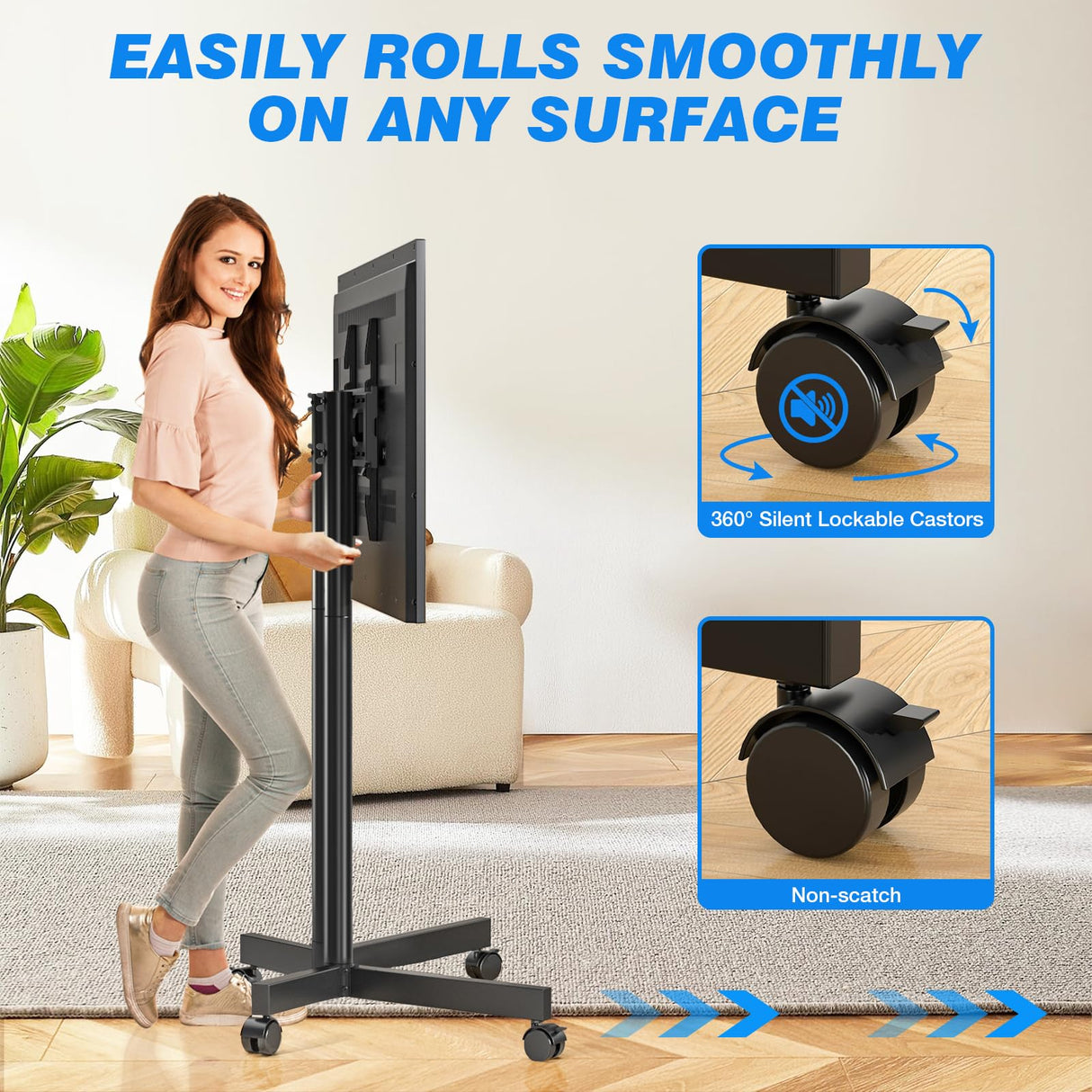 Rfiver Rolling TV Stand for 32-70 Inch TVs, Mobile TV Stand with Upgraded Wheels up to 88lbs, Height Adjustable Mobile TV Cart on Wheel, Portable TV Stand for Bedroom, Living Room, Home, Office Rfiver