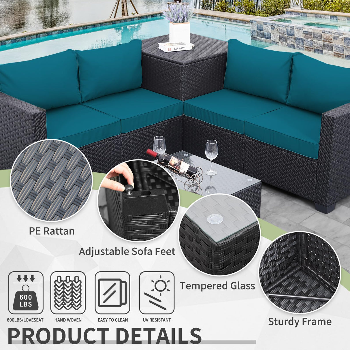 WAROOM Outdoor PE Wicker Patio Furniture Set 4 Piece Black Rattan Sectional Sofa Loveseat Couch Conversation Set with Storage Box Glass Top Table and Anti-Slip Peacock Blue Cushion WAROOM