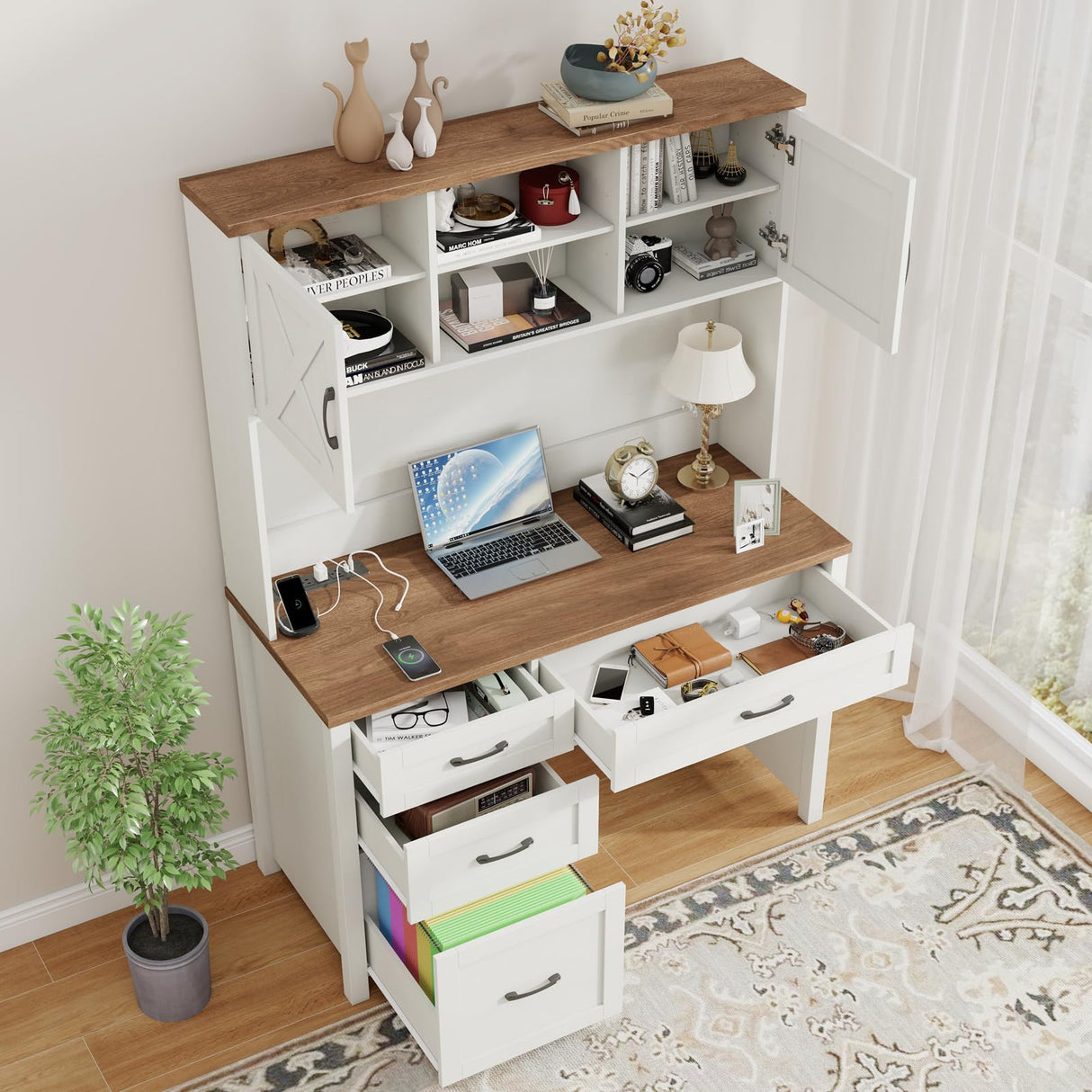 Farmhouse 67" H Executive Desk with Hutch,Office Desk with 4 Drawers and LED Light, Computer Desk with Storage Cabinet & File Drawers and Charging Station, Wood Workstation for Home Office and Study Vabches