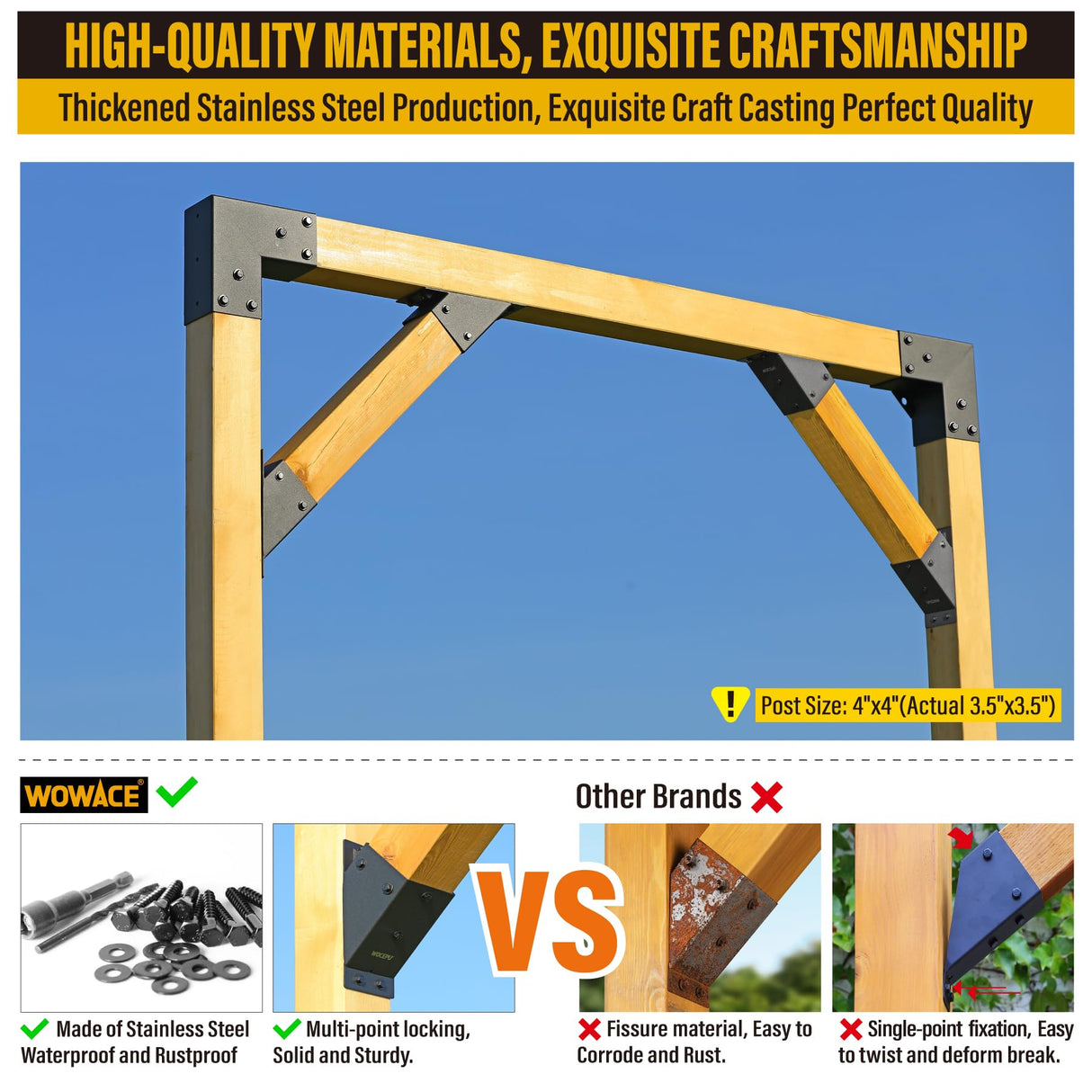 WOWACE 4pcs 45° Degree Angle Support Brackets, 4x4 (Actual 3.5''x3.5'') Pergola Angle Brackets, For pergola, deck porch, log cabin angle support bracket kit WOWACE