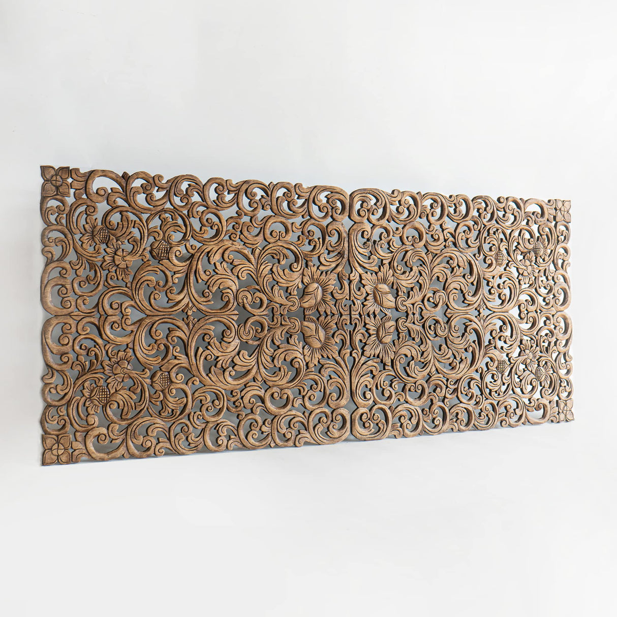 Low California King Size Headboard, Rectangular Floral Carve Panels, Asia Teak Bedroom Furniture, Weathered Brown Stain, 72x30 inches Siam Sawadee