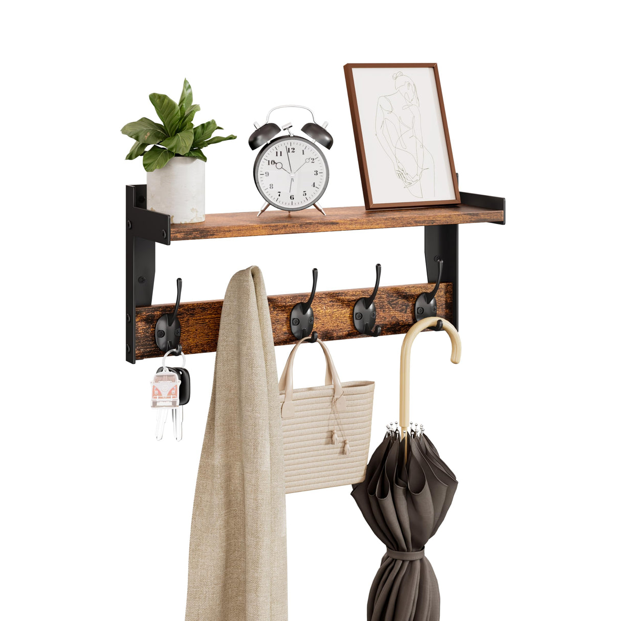 FNBAR Wall Hooks with Shelf, Wood Coat Rack with Shelf Wall-Mounted, Entryway Hanging Shelves with 5 Metal Hooks for Clothes Hats Towel Purse Robes, Bathroom Mudroom Bedroom, Rustic Brown FNBAR