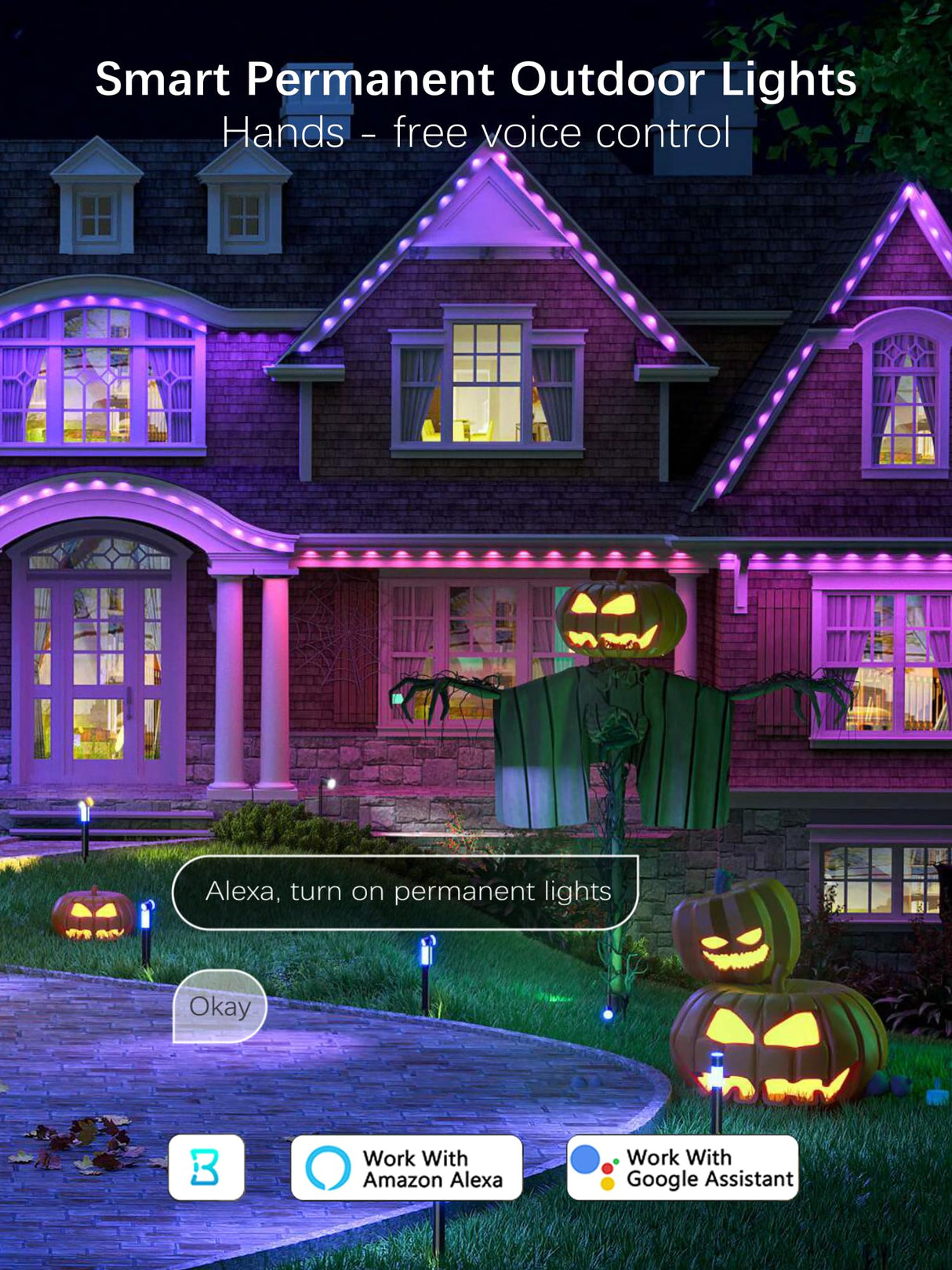 Brizled Permanent Outdoor Lights, 100ft 60 LED RGB Smart Halloween Lights Work with Alexa & Google Home, APP Controlled Permanent Eave Light IP67 Waterproof Smart House Light for Xmas Halloween House Brizled