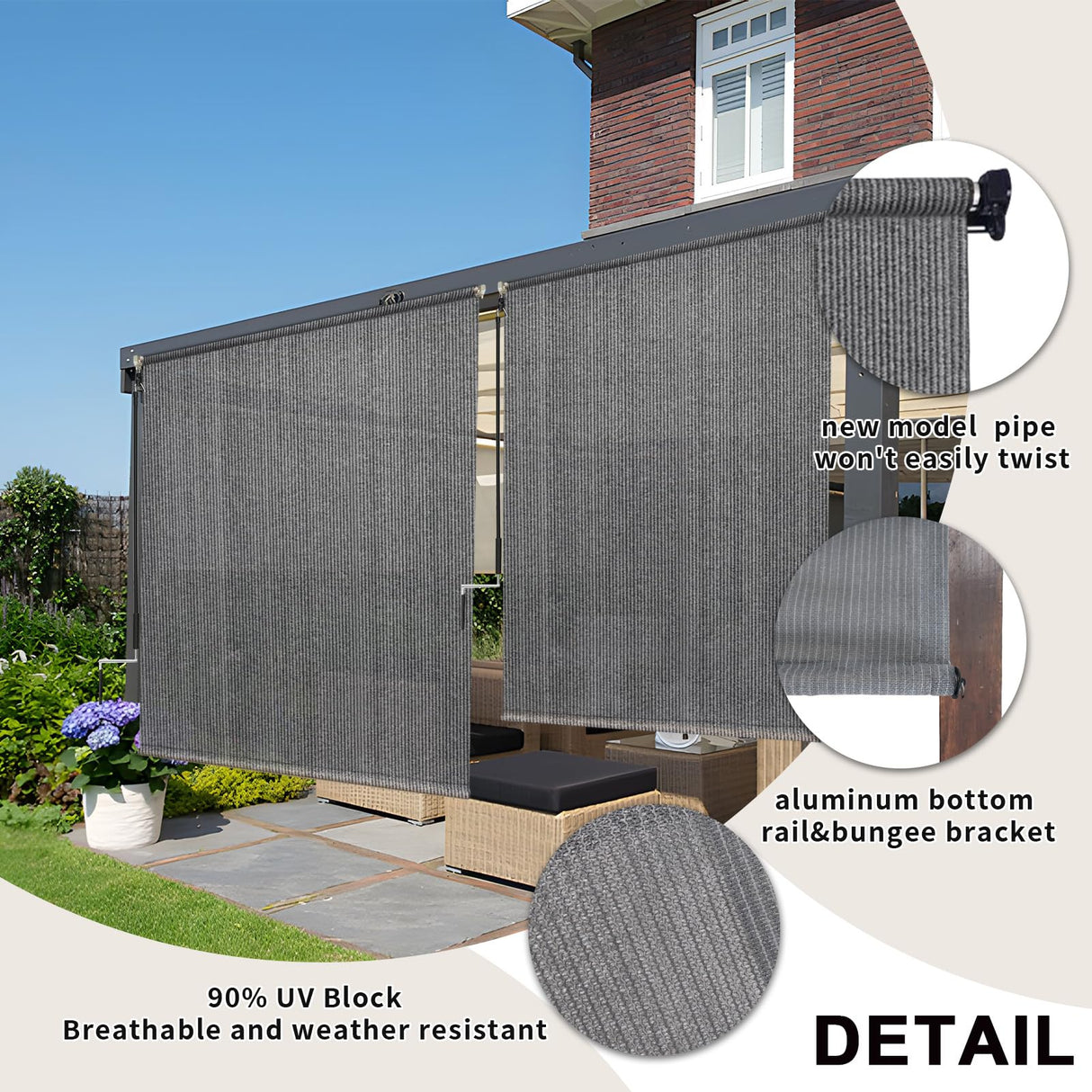 KANAGAWA Outdoor Roller Shade 7'X6' Light Grey Exterior Patio Cordless Roll Up Shade for Pergola, Deck Porch Gazebo, Backyard KANAGAWA