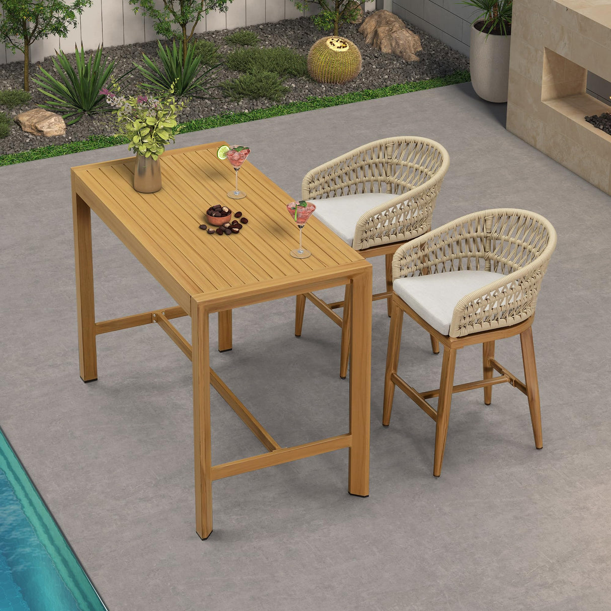 PURPLE LEAF Outdoor Rattan 24" Counter Height Bar Stools Chair Set of 2, Modern Upholstered Patio Bar Stool with Backrest for Indoor and Outdoor, Kitchen Island, Teak PURPLE LEAF