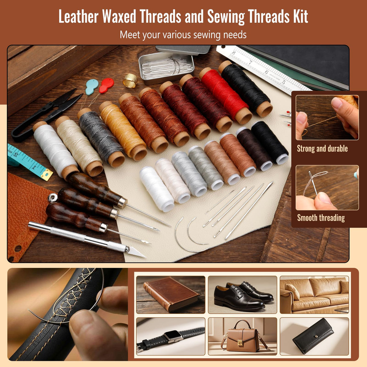 Leather Working Tools Kit, Leather Tooling Kit with Double Layer Storage Box, Heavy Duty Sewing Kit, Professional Working Tools and Supplies for DIY Stamping Cutting Engraving Punching Sewing FOUSNOW