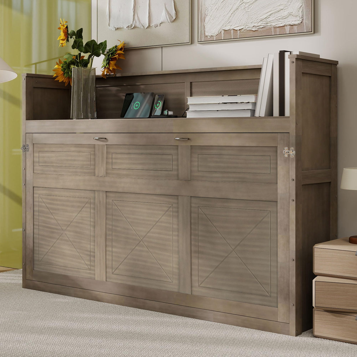 SOFTSEA Twin XL Horizontal Murphy Bed with Desk, LED Lights & Charging Stations, Wood Hideaway Bed Foldable Wall Bed for Small Space, Guest Room, Bedroom, Office, Gray Wash SOFTSEA