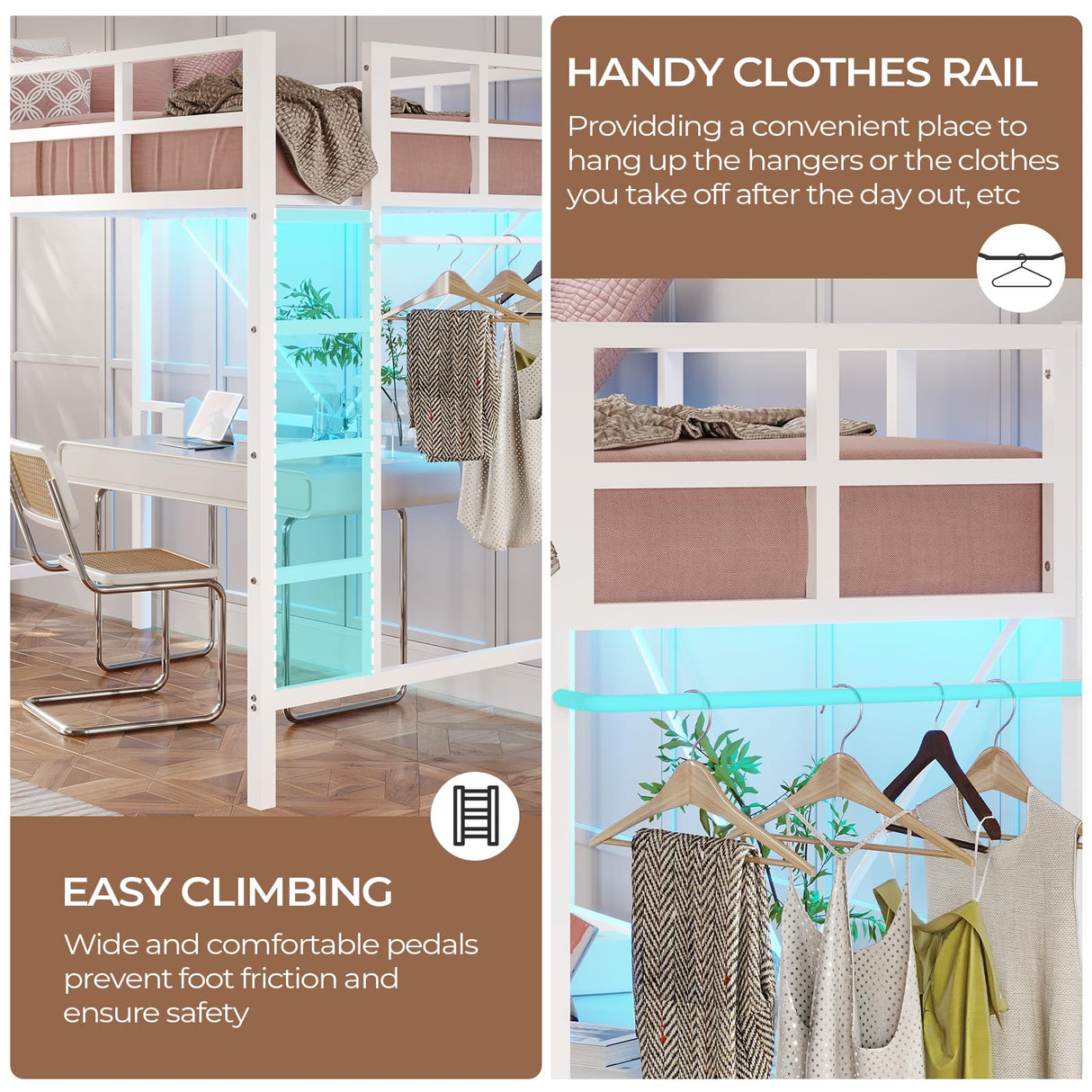 DICTAC Loft Bed Twin Size with Led Lights Heavy Duty Metal Junior Twin Loft Bed Frame with Full-Length Guardrail and Ladder, Noise-Free, Space-Saving, No Box Spring Needed, White DICTAC