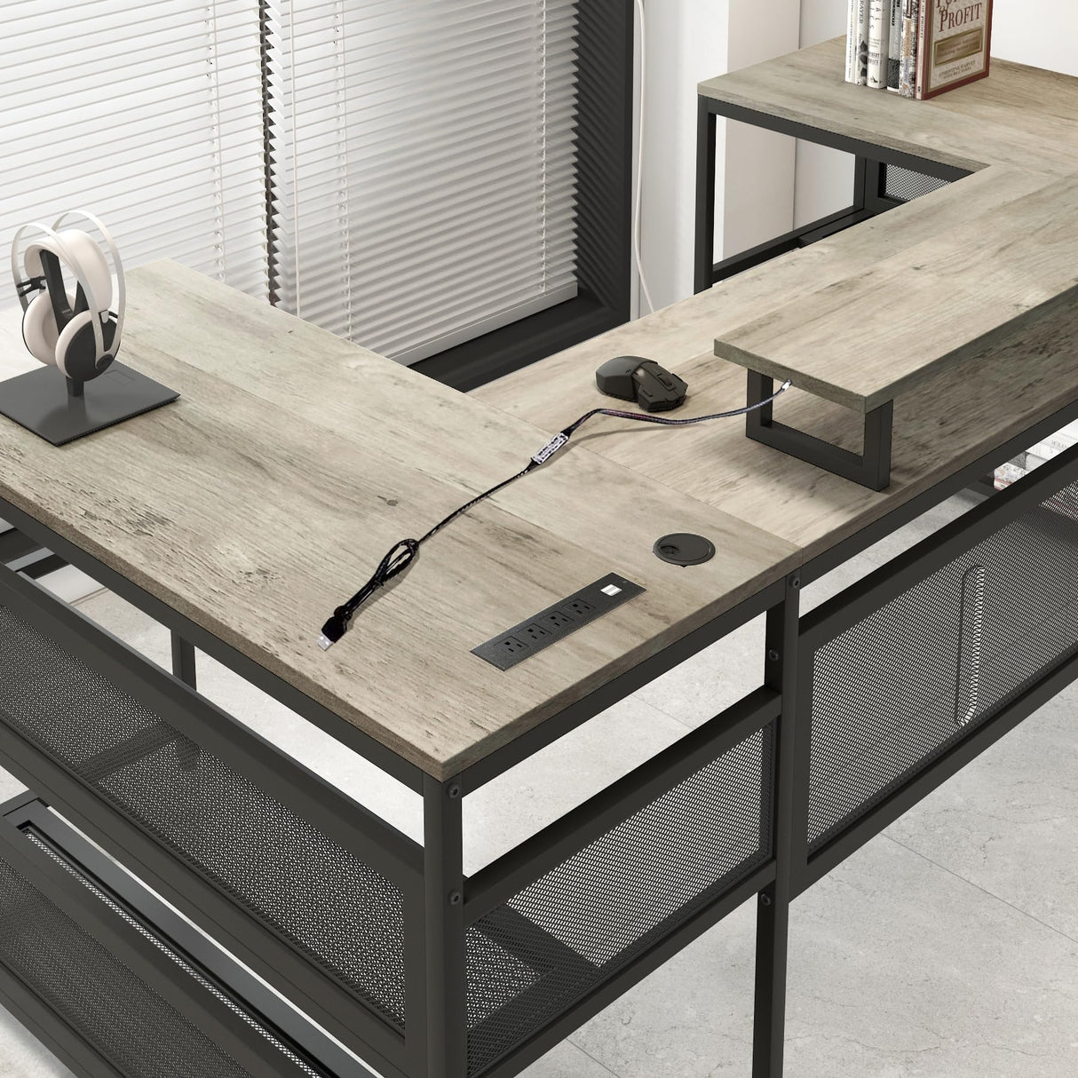 AYUYK U Shaped Gaming Desk, Reversible L Shaped Computer Desk with Shelve & LED Lights, Corner Gaming Desk with Monitor Stand & Storage Shelves for Home Office (Gray) AYUYK