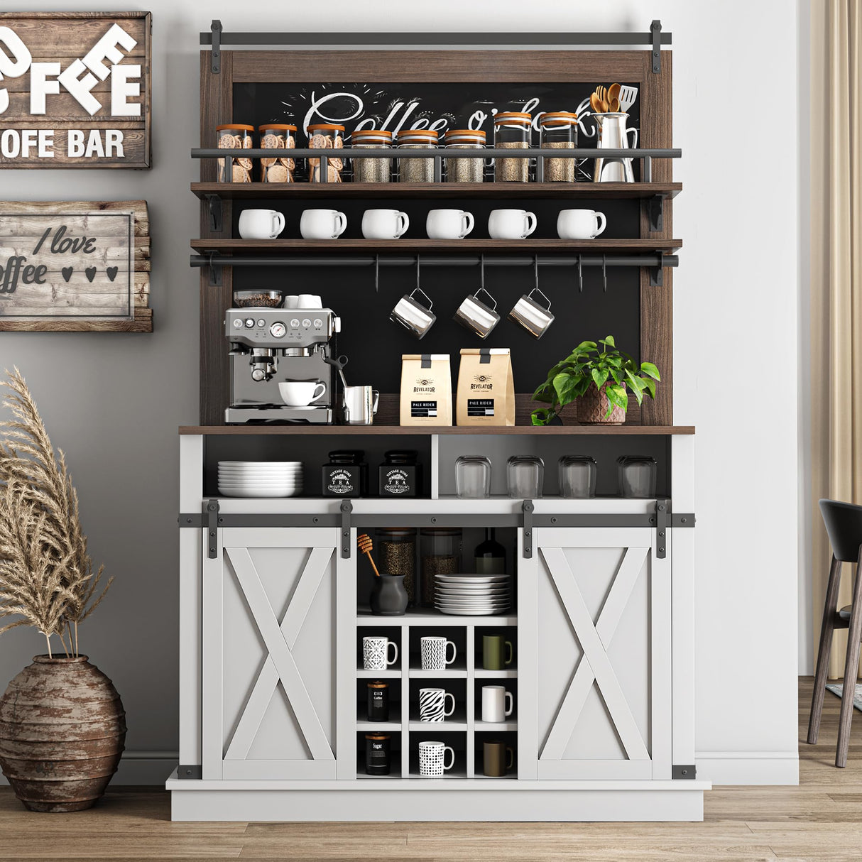 IDEALHOUSE Coffee Bar Cabinet, Farmhouse Buffet Cabinet with Storage, 75" Tall Bar Cabinet Kitchen Buffet Sideboard with Sliding Barn Door Coffee Hutch Cabinet for Dining Room (White) IDEALHOUSE