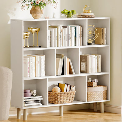 Furniwell 9 Cube Bookcase & Bookshelf, 3 Tier Storage Organizer with Legs, Freestanding Open Frame Book Shelves for Living Room, Office, White