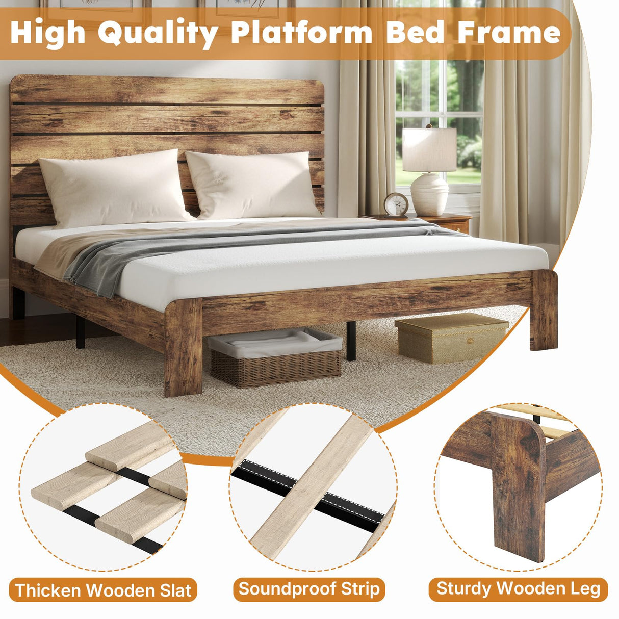 Zevemomo King Bed Frame, King Size Heavy Duty Platform Bed Frames, King Bed Frame with Wood Headboard & Footboard, Noise Free, No Box Spring Needed, Brown Zevemomo